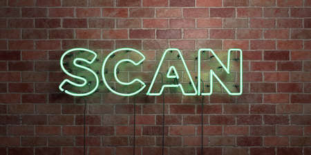 SCAN - fluorescent Neon tube Sign on brickwork - Front view - 3D rendered royalty free stock picture. Can be used for online banner ads and direct mailers.の写真素材