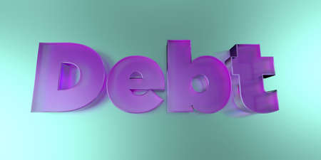 Debt - colorful glass text on vibrant background - 3D rendered royalty free stock image.の写真素材