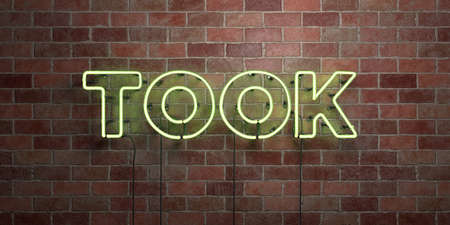 TOOK - fluorescent Neon tube Sign on brickwork - Front view - 3D rendered royalty free stock picture. Can be used for online banner ads and direct mailers.の写真素材