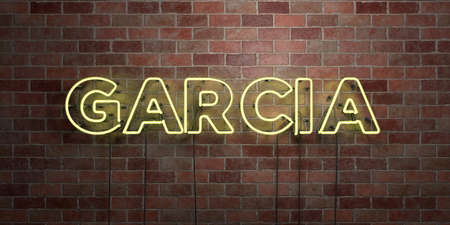 GARCIA - fluorescent Neon tube Sign on brickwork - Front view - 3D rendered royalty free stock picture. Can be used for online banner ads and direct mailers.の写真素材