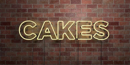 CAKES - fluorescent Neon tube Sign on brickwork - Front view - 3D rendered royalty free stock picture. Can be used for online banner ads and direct mailers.の写真素材
