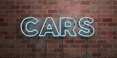 CARS - fluorescent Neon tube Sign on brickwork - Front view - 3D rendered royalty free stock picture. Can be used for online banner ads and direct mailers.の写真素材