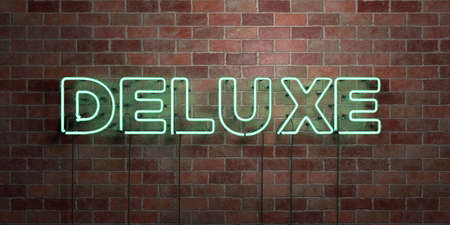 DELUXE - fluorescent Neon tube Sign on brickwork - Front view - 3D rendered royalty free stock picture. Can be used for online banner ads and direct mailers.の写真素材