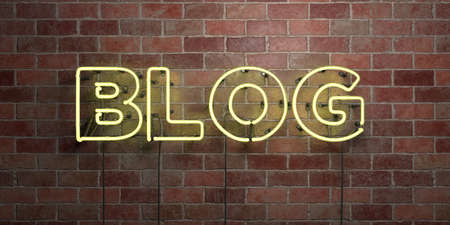 BLOG - fluorescent Neon tube Sign on brickwork - Front view - 3D rendered royalty free stock picture. Can be used for online banner ads and direct mailers.の写真素材