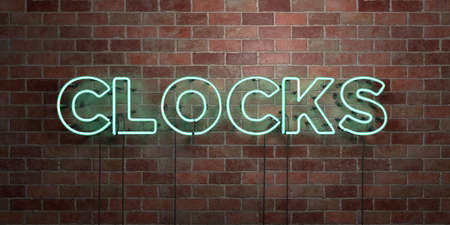 CLOCKS - fluorescent Neon tube Sign on brickwork - Front view - 3D rendered royalty free stock picture. Can be used for online banner ads and direct mailers.の写真素材