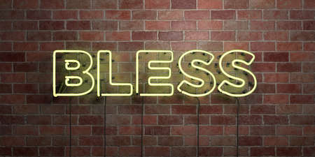 BLESS - fluorescent Neon tube Sign on brickwork - Front view - 3D rendered royalty free stock picture. Can be used for online banner ads and direct mailers.の写真素材