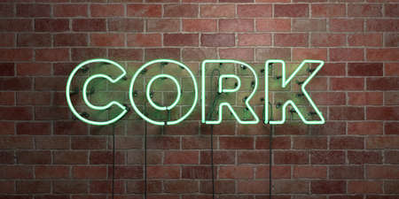 CORK - fluorescent Neon tube Sign on brickwork - Front view - 3D rendered royalty free stock picture. Can be used for online banner ads and direct mailers.の写真素材