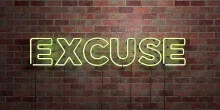 EXCUSE - fluorescent Neon tube Sign on brickwork - Front view - 3D rendered royalty free stock picture. Can be used for online banner ads and direct mailers.の写真素材