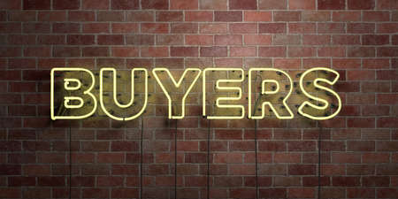 BUYERS - fluorescent Neon tube Sign on brickwork - Front view - 3D rendered royalty free stock picture. Can be used for online banner ads and direct mailers.の写真素材