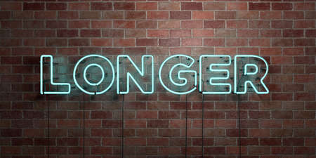 LONGER - fluorescent Neon tube Sign on brickwork - Front view - 3D rendered royalty free stock picture. Can be used for online banner ads and direct mailers.の写真素材