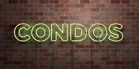 CONDOS - fluorescent Neon tube Sign on brickwork - Front view - 3D rendered royalty free stock picture. Can be used for online banner ads and direct mailers.の写真素材