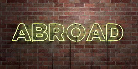 ABROAD - fluorescent Neon tube Sign on brickwork - Front view - 3D rendered royalty free stock picture. Can be used for online banner ads and direct mailers.の写真素材