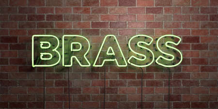 BRASS - fluorescent Neon tube Sign on brickwork - Front view - 3D rendered royalty free stock picture. Can be used for online banner ads and direct mailers.の写真素材