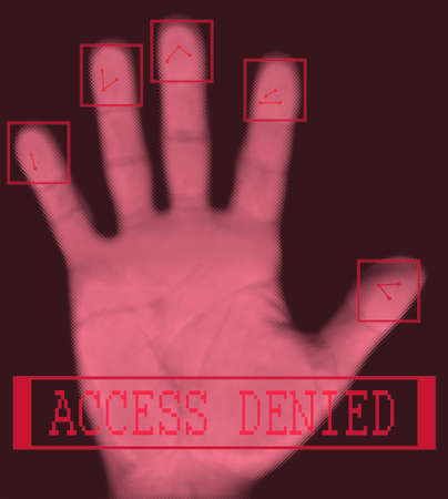 Biometric palm scanning screen with access denied textの写真素材