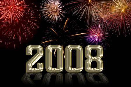 Multiple brightly coloured fireworks exploding and gold 2008の写真素材