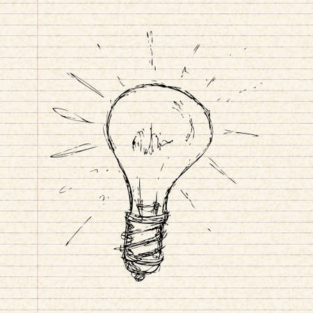 Hand drawn illustration of a light bulb on a sheet of lined paperのイラスト素材