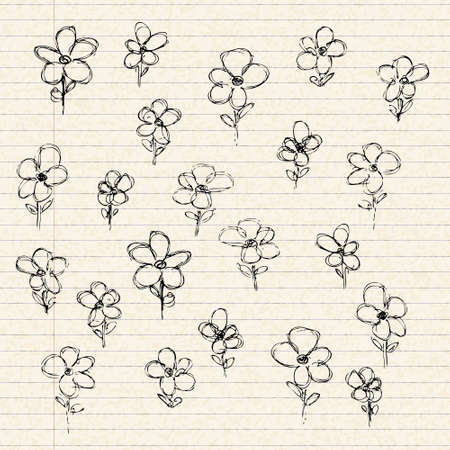 Hand drawn illustration of of flowers on a sheet of lined paperのイラスト素材