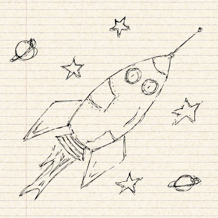 Hand drawn illustration of a space rocket on a sheet of lined paperのイラスト素材