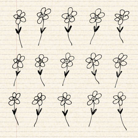 Hand drawn illustration of flowers on a sheet of lined paperのイラスト素材