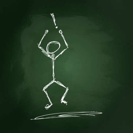 Hand drawn illustration of a man with an exclamation mark on a blackboardのイラスト素材