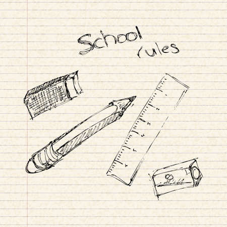 Illustration of school equipment on a sheet of lined paperのイラスト素材