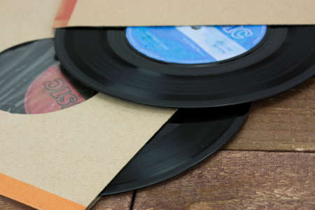 Close up of old vinyl single recordsの写真素材