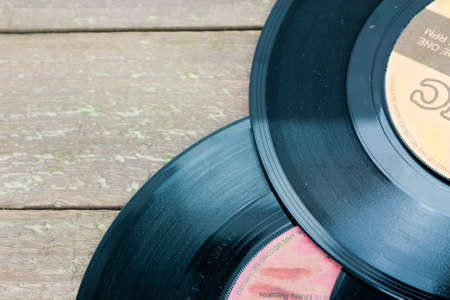 Close up of old vinyl single recordsの写真素材
