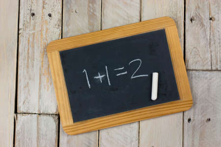 Small blackboard with chalk on a wooden backgroundの写真素材