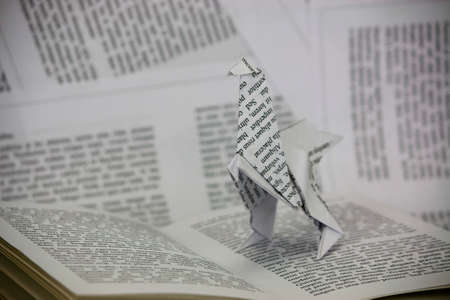 Origami dinosaur with words coming out of a book. Lorem Ipsum text used.の写真素材