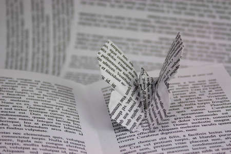 Origami butterflies with words coming out of a book. Lorem Ipsum test used.の写真素材