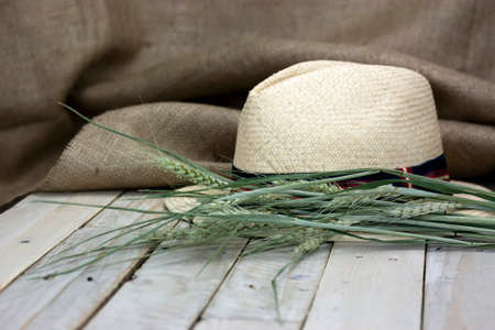 Straw hat resting on a rustic wooden surface.の写真素材