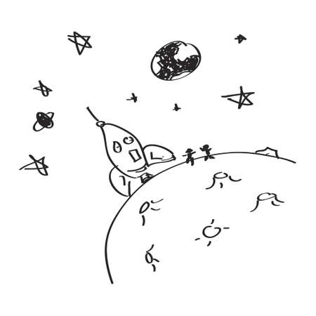Simple hand drawn doodle of a rocket on the moonのイラスト素材