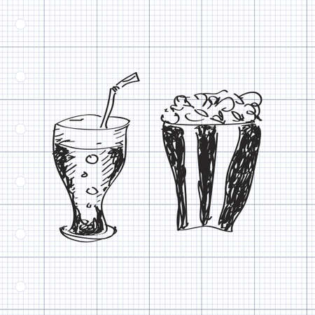 Simple hand drawn doodle of a drink and popcornのイラスト素材
