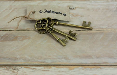 Set of old antique keys on a wooden background.の写真素材