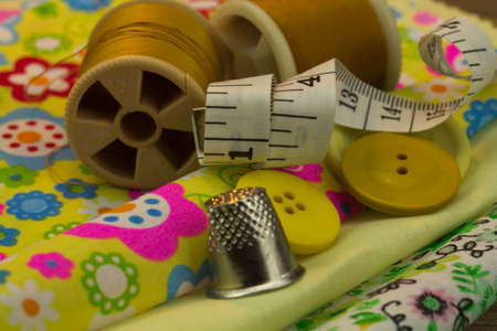 Close up of various bit of sewing equipmentの写真素材