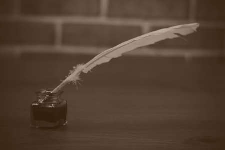 White feather quill pen with metal nib. Black and white filter appled.の写真素材