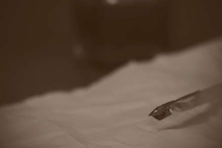 White feather quill pen with metal nib. Black and white filter appled.
