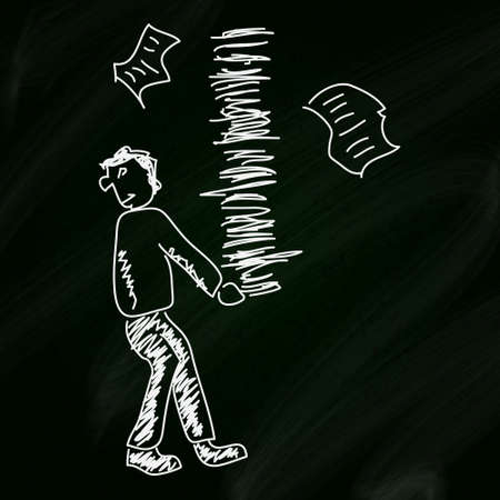 Simple doodle sketch of a man carrying paperwork on a blackboard backgroundのイラスト素材