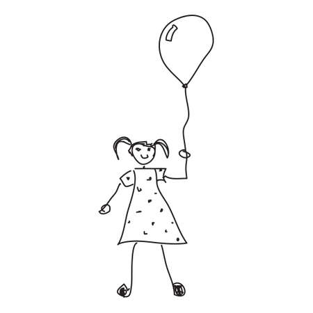 Simple doodle sketch of a girl holding balloon on white backgroundのイラスト素材