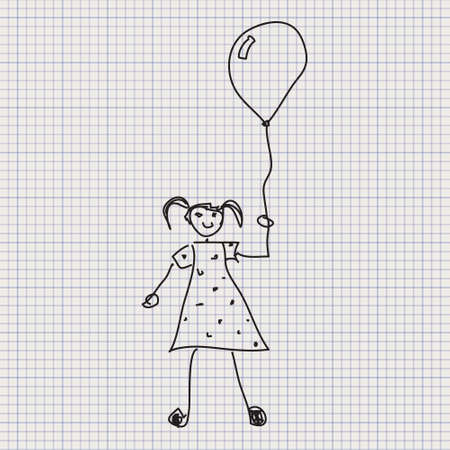 Simple doodle sketch of a girl holding balloon on graph paper backgroundのイラスト素材