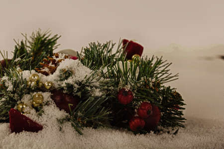 Chrismas decorations on white snow for a background HDR Filter.