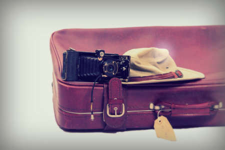 Old vintage brown leather suitcase ready for travellingの写真素材