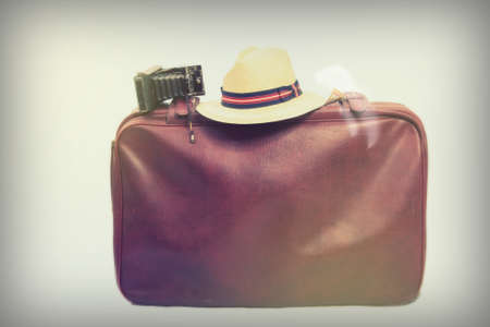 Old vintage brown leather suitcase ready for travellingの写真素材