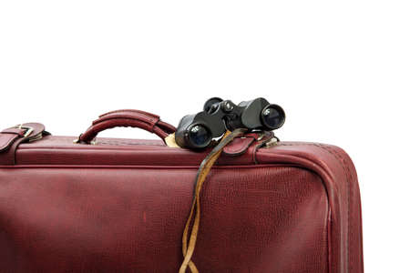 Old vintage brown leather suitcase ready for travellingの写真素材