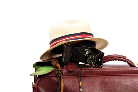 Old vintage brown leather suitcase ready for travellingの写真素材