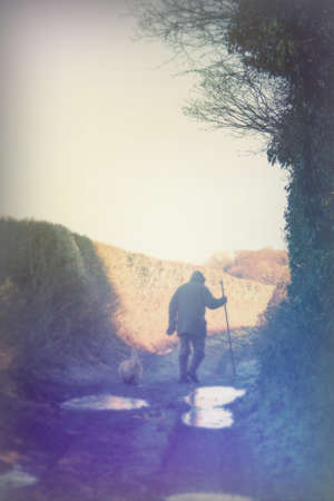 Man walking his dog along a muddy country pathの写真素材