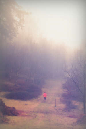 Man jogging in woodland on a foggy misty January morningの写真素材