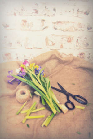 Spring cut flower arrangement against a rustic backgroundの写真素材