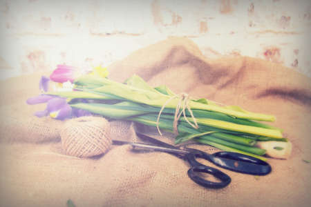 Spring cut flower arrangement against a rustic backgroundの写真素材