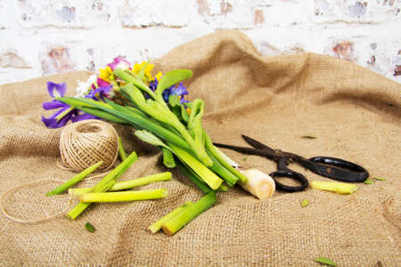 Spring cut flower arrangement against a rustic backgroundの写真素材